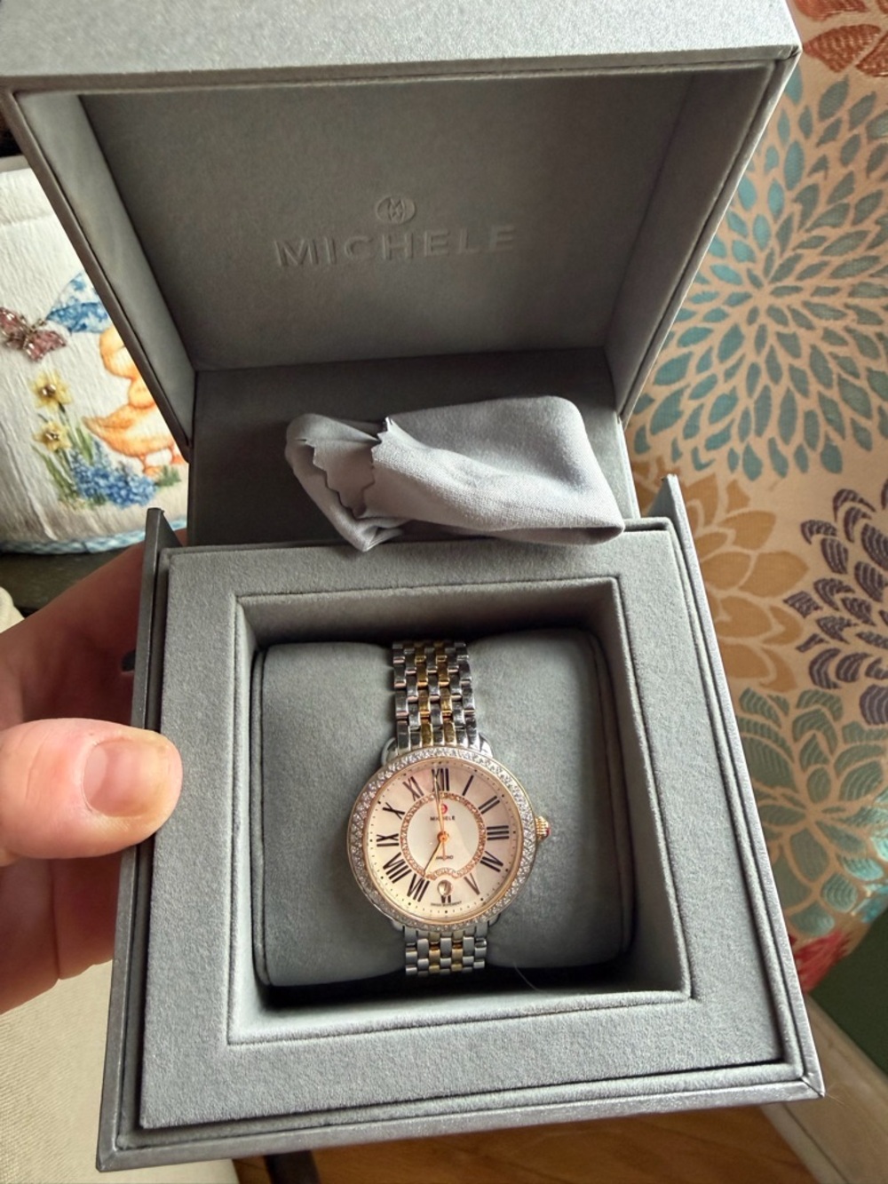 Michele Two-Tone Crystal Bezel Watch with Pink Mother-of-Pearl Dial - Picture 3 of 3
